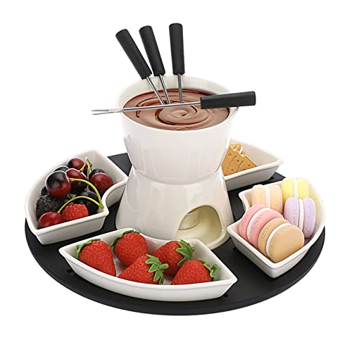 SUMNACON Keramike Schokofondue-Topf-Set mit Holzpalette 4 Gabeln 4 Tellern Schoko Fondueset Käsefondue für Schokolade Käse Fondue Familienessen Nachtisch Picknicks Geburtstagsfeiern Urlaubsfeiern von SUMNACON