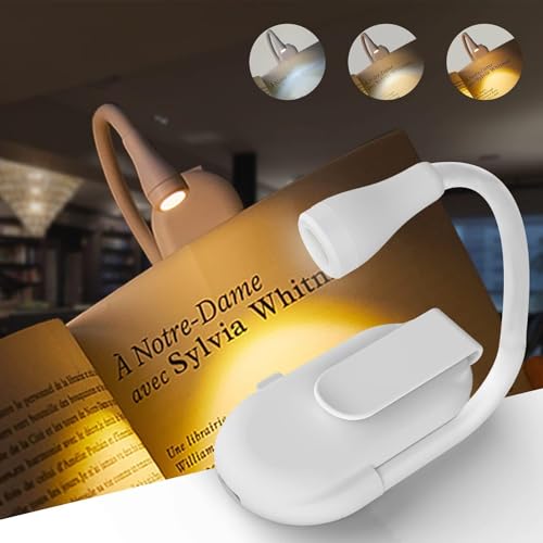 Leselampe Buch Klemme, USB Wiederaufladbare Buchlampe, 3 Farbtemperatur Modi, Stufenlose Helligkeit Klemmlampe, 360° Flexibel für Nachtlesen, Buch, Bett, Büro, Reisen, Kann 3–24 Stunden Laufen - Weiß von SUNJULY