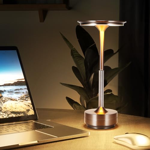 Nachttischlampe mit Touch Steuerung, Kabellose LED Schreibtischlampe, Tragbare USB Aufladung 3 Beleuchtungsfarben Dimmbare Tischlampe für Schlafzimmer Büro Wohnzimmer Bar Restaurant Dekoratio Geschenk von SUNJULY