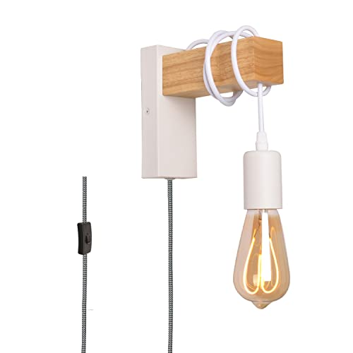 Moderne Weiß Holz Wandleuchte mit Stecker Schalter, Vintage Rustikales Retro Innen Wandlampe Verstellbare Hängende Wandhalterung, Industrie Lese Leuchten Deko für Wohnzimmer Bad Schlaf Kinderzimmer von SUNLLOK