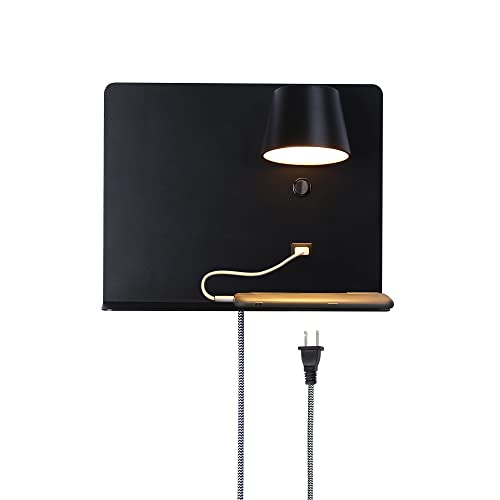 SUNLLOK Moderne Lese LED Wandleuchte mit USB Ladeanschluss & Regalen – Verstellbar Warmweiß Flexibler Kopf Wandlampe – Innen Wandbeleuchtung Deko für Bad Wohnzimmer, Kinderzimmer (Schwarz, 3200 K) von SUNLLOK