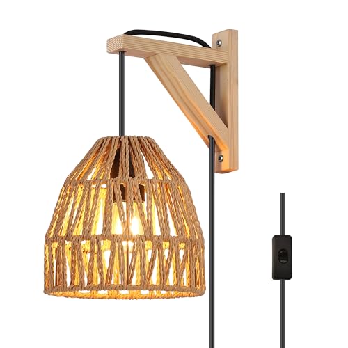 SUNLLOK Moderne Wandleuchte aus Bambus mit Kabel Schalter – Rattan Korb Lampenschirm Kronleuchter zum Wandlampe Aufhängen, Innen Wandbeleuchtung aus Holzgeflecht für Kochinsel, Wohnzimmer, Restaurant von SUNLLOK