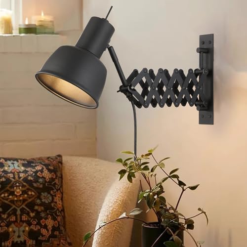 SUNLLOK Vintage Schwarz Schwenkarm Wandleuchte, Zeitgenössische Erweitert Einstecken LED Hängelampe Wandstrahler, Modern Inner E27 Base Wandleuchten Dekoration für Nachttisch Lesen, Wohnzimmer, Büro von SUNLLOK