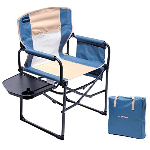 SUNNYFEEL Regiestuhl Klappbar mit Seitentisch und Armlehnen, Faltbar Campingstuhl für Outdoor Garten Wiese Strand Angeln (Khaki) von SUNNYFEEL