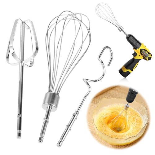 Handmixer Zubehörset für Bohrmaschine, Handmixer Zubehörset, Schneebesen Edelstahl, Elektrischer Eier Mischer Teile Set, Schneebesen für Eiklar, Teig (1 Rührbesen, 1 Knethaken, 1 Ballon Schneebesen) von SUWIWKKOA