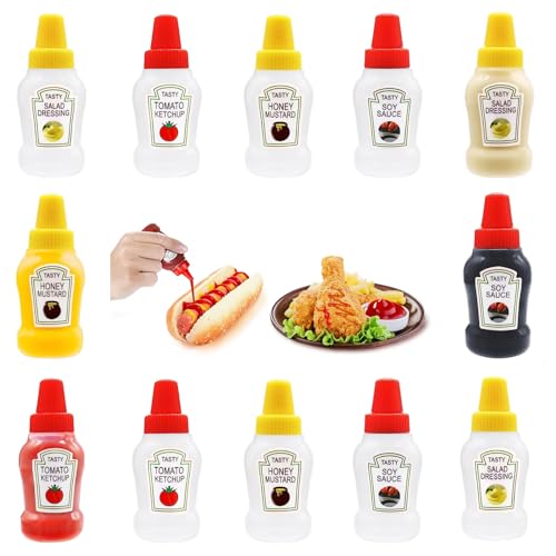 SUWIWKKOA 12 Stück Mini Flaschen 25ml Mini Quetschflasche Ketchup Spender Squeeze Flasche Tragbare Quetschflasche Plastikflaschen Zum Befüllen Mit Etiketten Für Ketchup Sojasauce Honigsauce von SUWIWKKOA