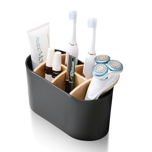 Zahnbürstenhalter Mit Bambus Trennwänden Toothbrush Holder Mit Rutschfester Basis Zahnputzbecher Zahnbürsten Organizer Toothbrush Holder Mit 4 Zahnbürstenfächer + 2 Zahnpastafach von SUWIWKKOA