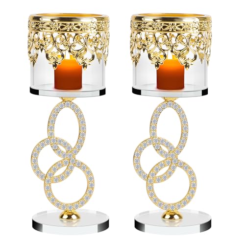 SWAWIS Kerzenständer Kristall Glas Teelichthalter, Ø5.5cm Kerzenhalter Glas für Stumpenkerzen, Modern Kerzenhalter für Hochzeit Esstisch Badezimmer Tischdeko Geburtstag Deko, Gold Kerzenleuchter von SWAWIS