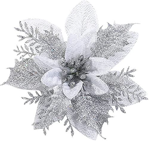 SWECOMZE 12 Stück Glitter Weihnachtsbaumschmuck Weihnachten Blumen Ornament Weihnachten Dekor, Christbaumanhänger 14cm (Silber) von SWECOMZE