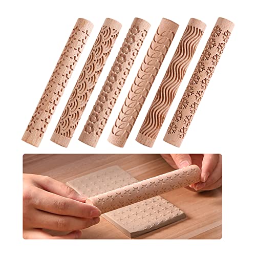 Nudelholz aus Holz, 6 Stile, handgefertigte Textur-Tonroller, Holz-Töpferei, Modelliermuster, Roller-Set für DIY Tontöpfereien (15 x 2 cm) von SWTHM