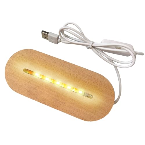 SWTHM Ovaler hölzerner LED-Leuchtenständer, 14,5 cm, beleuchteter Holzsockel, warmes/kaltes Licht, per USB wiederaufladbar für Acrylplatte, Kristallglasplatte, Kristallornamente (1 warme Farbe) von SWTHM