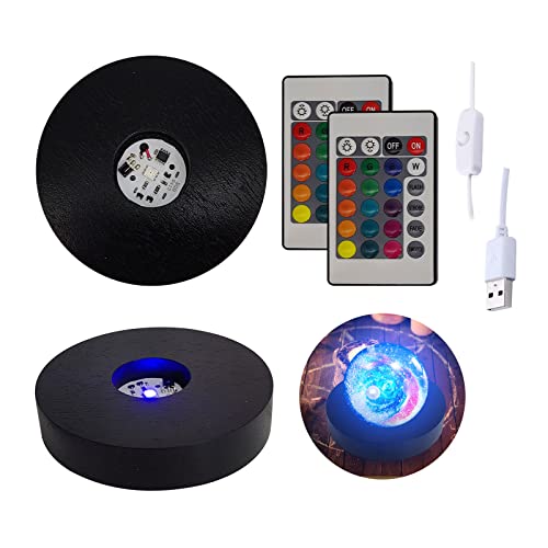 SWTHM Runder Lichtsockel für Kristall, 10 cm, schwarzer LED-Holzsockel für Display mit Fernbedienung, 16 Farben, runder Display-Sockel für klares Glas, Harz, Kristall, Acryl, Ornamente, Dekorationen von SWTHM