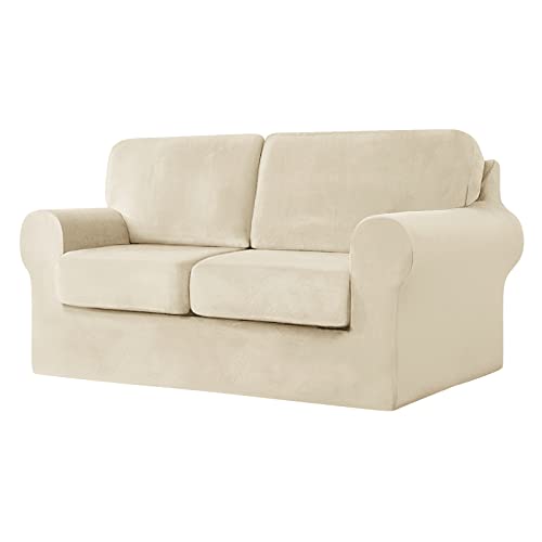 SYLC Sofabezug Mit Separaten Sitzkissen Und Rückenlehnen, Geteilt SofaÜberwürfe Anti-Rutsch, Kombiniert Sofahusse Überzug Bezug Für Couch (Beige,Großer 2 Sitz 5 PCS) von SYLC