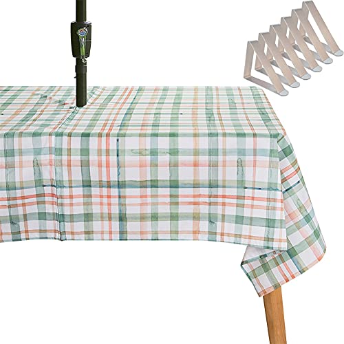 SYLC Tischdecke Mit Loch Für Sonnenschirm/Regenschirm, Outdoor Picknick Tischdecke Wasserdicht, Tischtuch Mit Reißverschluss Tischwäsche (259 × 153 cm,Grünes Gitter) von SYLC