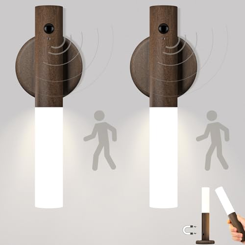 SYMYNELEC 2 Stück Akku Wandleuchte Holz mit Bewegungsmelder, USB Kabellose Wandlampe Innen ohne Stromanschluss, Warmweiß Magnetische Nachtlicht ohne Bohren für Flur Treppen Wohnzimmer (Dunkles Holz) von SYMYNELEC