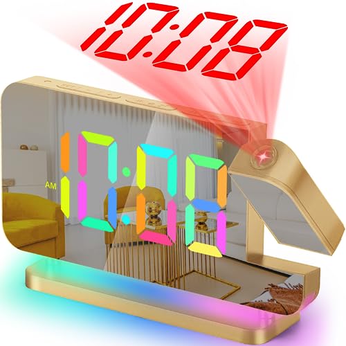 SZELAM Projektion Wecker - LED Spiegel Digitaluhr Großes Display mit RGB Nachtlicht USB C Ladestation 180° Drehbarem Projektor - 7.4” Lauter wecker für Tiefschläfer Schlafzimmer - Gold von SZELAM