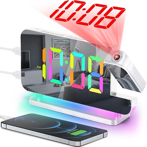 SZELAM Projektionswecker, 18.7 cm LED Spiegel Digitaluhren großes Display, mit 180° drehbarem Projektor, RGB Nachtlicht, USB C Anschluss, Moderne Schreibtischuhr für Schlafzimmer-Dekor – Weiß von SZELAM