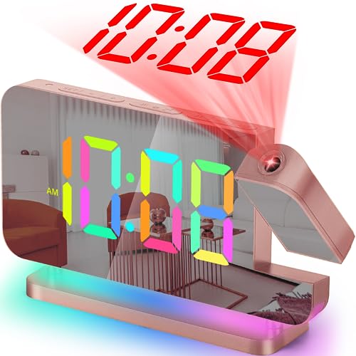 SZELAM Projektionswecker - 7.4" LED Spiegel Digitaluhren Projektion an Deckenwand mit RGB Nachtlicht Auto Dimmung USB C Ladestation - Moderne Schreibtischuhr für Schlafzimmer – Roségold von SZELAM