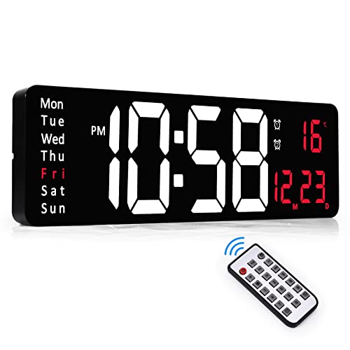 SZELAN Digitale Wanduhr(L) 386 x (B) 129 x (H) 33 mm,Digitale Wanduhr Groß LED Wanduhr Digital Uhr mit Countdown/Datum/Temperatur/Wecker/Snooze/Einstellbarer Helligkeit/Adapter/Funkfernbedienung-Rot von SZELAM