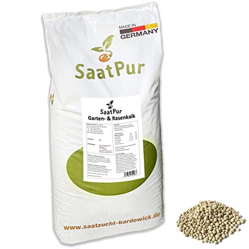 SaatPur® Rasenkalk - 20 Kg für ca 400 qm - Gartenkalk gegen Moos und saure Böden - Magnesiumkalk - Magnesiumkalk als gekörnter Rasen-Kalk-Granulat für einfaches Ausbringen auch mit Streuwagen von SaatPur