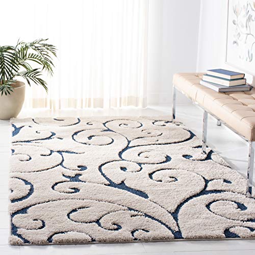 SAFAVIEH Zottelig Teppich für Wohnzimmer, Esszimmer, Schlafzimmer - Florida Shag Collection, Hoher Flor, Creme und Blau, 122 X 183 cm von Safavieh