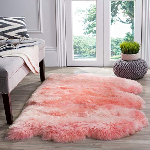 SAFAVIEH Schafsfell Teppich für Wohnzimmer, Esszimmer, Schlafzimmer - Fur Collection, Hoher Flor, Solides Rosa, 91 X 152 cm von Safavieh