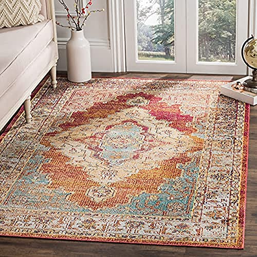 SAFAVIEH Boho Teppich für Wohnzimmer, Esszimmer, Schlafzimmer - Crystal Collection, Kurzer Flor, Orange und Hellblau, 122 X 183 cm von Safavieh