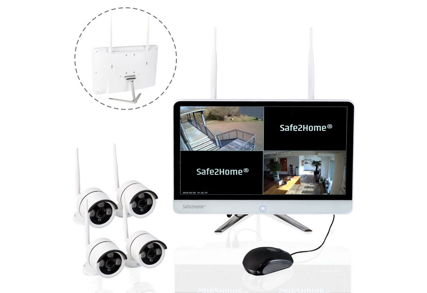 Safe2Home Kamera Set Monitor inkl Rekorder - innen außen - Funk Kameras Überwachungskamera (Innen und Außenbereich, 4x Funkkameras Safe2Home, Bewegungserkennung, Nachtsichtfunktion, Live-Zugriff via APP) von Safe2Home