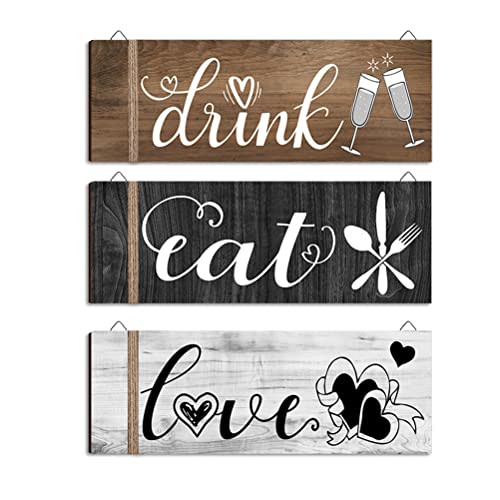 3 Stück Wanddekor aus Holz zum Aufhängen Holz-Wand-Kunst Wandschild Hängendes Holz Schild mit ”drink, eat, love“ buchstaben Restaurant Wand-Dekor für Zuhause, Küche, Esszimmer, Restaurant von Sahgsa