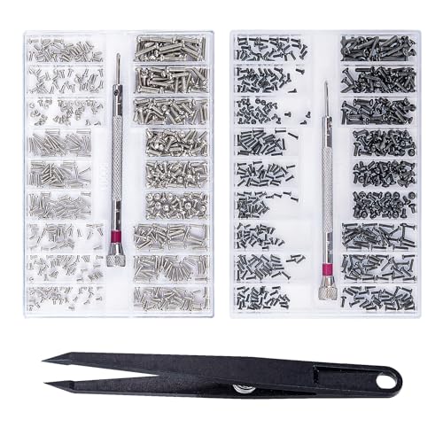 1000 Stück mini Schrauben silber und schwarz, Rundkopf- Flachkopf- und Senkkopfschrauben für Reparatur von Brillen Uhren und Laptop von Samamoca