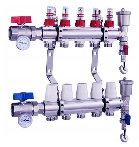 SANITLINE Heizkreisverteiler, oberer Durchflussmesser, Kugelhähne, Thermometer, Verteiler Fußbodenheizung, 5 Heizkreise von Sanitline