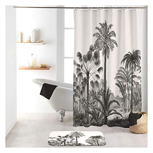 Sanixa Duschvorhang Textil 180x200 cm grau schwarz Palmen Strand wasserabweisend waschbar Badewannenvorhang Vorhang hochwertige Qualität mit Ringen Metallösen von Sanixa