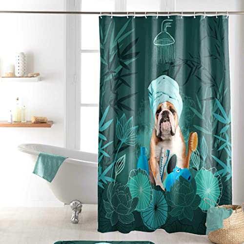 Sanixa U1801327 Duschvorhang Textil 200x180 cm Hund grün wasserabweisend waschbar Badewannenvorhang Vorhang hochwertige Qualität mit Ringen Metallösen von Sanixa