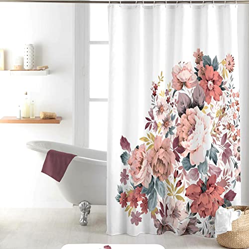 Sanixa U1801631 Duschvorhang Textil 180x200 cm Weiß bunt Blumen Muster wasserabweisend waschbar Badewannenvorhang Vorhang hochwertige Qualität mit Ringen Metallösen von Sanixa