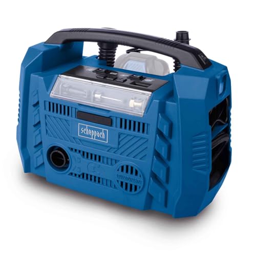 Scheppach Akku-Kompressor Airforce 6 20V Hybrid Kompressor | Luftleistung 21 L/min | AC/DC Kabellänge 1,8 / 3m | Hochdruckschlauch 75cm | 3 Antriebsarten | USB-A & USB-C Anschluss | inkl. Zubehör von Scheppach