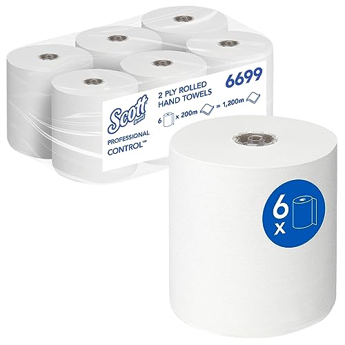 Scott Control Rollenhandtücher 6699 – 2-lagige Einweg-Papiertücher – 6 Papiertuchrollen x 200m Papierhandtücher, weiß (insges. 1.200m) von Scott