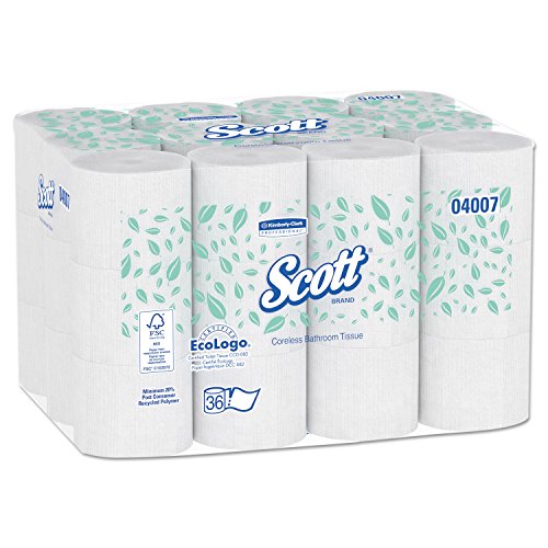 Scott Essential, 4007, kernlose Standard-Toilettenpapierrollen, 2-lagig, weiß, 36 Packungen x 1.000 Blatt von Scott