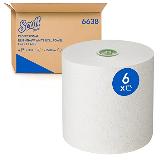 Scott Essential Rollenhandtücher 6638 – E-Roll Papierhandtuch-Großrolle – 6 x 380 m weiße Papierhandtuchrollen (insg. 2.280 m) von Scott
