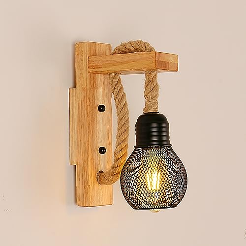 Retro Industrielle Wandleuchte Innen, Lampe aus Rustikale Vintage Holzleuchte, Schwarzer Metallschirm, Hanfseil Suspension Wandlampe für Schlafzimmer, Wohnzimmer (ohne Glühbirne) von Seamoon