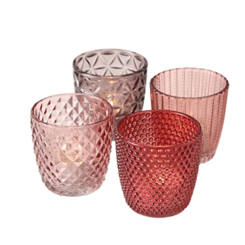 Seaside No.64 - Windlicht-Set 4 teilig aus Glas 7,5 x 7,5cm - Teelichthalter für Romantisches Ambiente - Kerzenständer mit verschiedenen Designs - Retro Kristall Ornamente - (rosa Taupe, Set) von Seaside No.64
