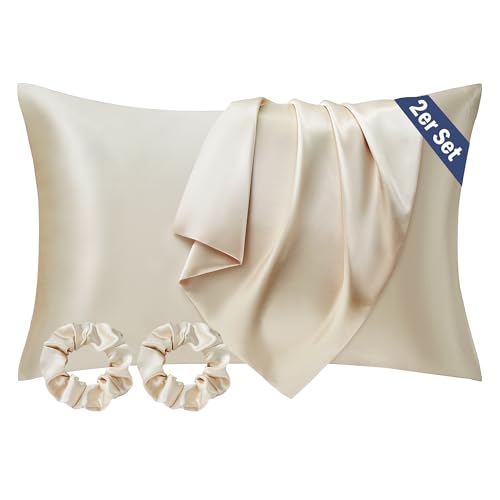 Seiwohl Satin Kissenbezug 40x60, 2 Stück Satin Kopfkissenbezug Pillowcase Kissen Bezug Kissenhülle für Haar und Haut, ähnlich wie Seide, Beige, mit 2 Haargummis von Seiwohl