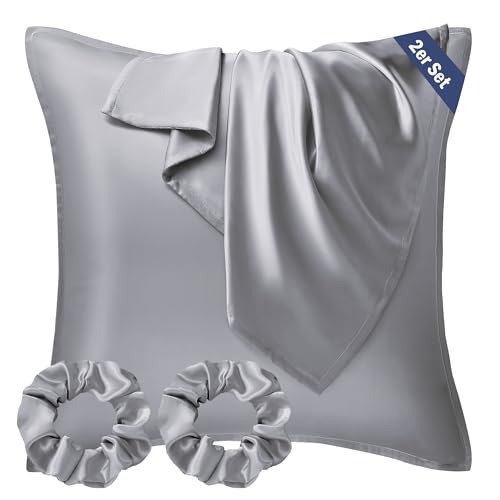 Seiwohl Satin Kissenbezug 60x60, 2 Stück Satin Kopfkissenbezug Pillowcase Kissen Bezug Kissenhülle für Haar und Haut, ähnlich wie Seide, Grau, mit 2 Haargummis von Seiwohl