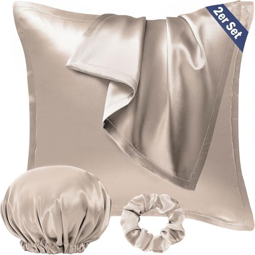 Seiwohl Satin Kissenbezug 80x80, 2 Stück Satin Kopfkissenbezug Pillowcase Kissen Bezug Kissenhülle für Haar und Haut, ähnlich wie Seide, Taupe, mit Haargummi und Haarhaube von Seiwohl