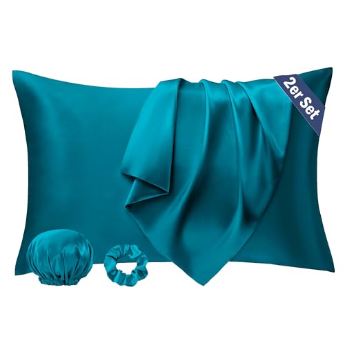 Seiwohl Satin Kissenbezug 40 x 80, 2er Set Satin Kopfkissenbezug 40x80 Pillowcase Kissen Bezug Kissenhülle für Haar und Haut, ähnlich wie Seide, Blaugrün, mit Haargummi und Haarhaube von Seiwohl