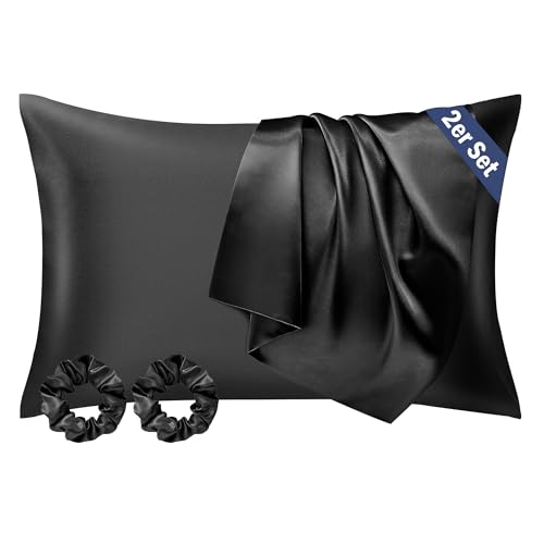 Seiwohl Satin Kissenbezug 40 x 80, 2er Set Satin Kopfkissenbezug 40x80 Pillowcase Kissen Bezug Kissenhülle für Haar und Haut, ähnlich wie Seide, Schwarz, mit 2 Haargummis von Seiwohl