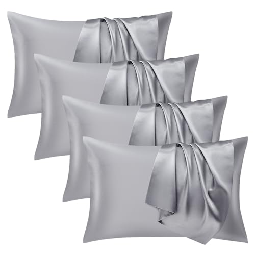 Seiwohl Satin Kissenbezug 40 x 80, 4 Stück Satin Kopfkissenbezug 40x80 Pillowcase Kissen Bezug Kissenhülle für Haar und Haut, ähnlich wie Seide, Grau von Seiwohl