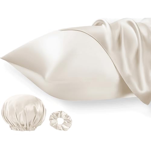 Seiwohl Satin Kissenbezug 40x70, 2er Set Satin Kopfkissenbezug 70 x 40 Pillowcase Kissen Bezug Kissenhülle für Haar und Haut, ähnlich wie Seide, Beige, mit Haargummi und Haarhaube von Seiwohl