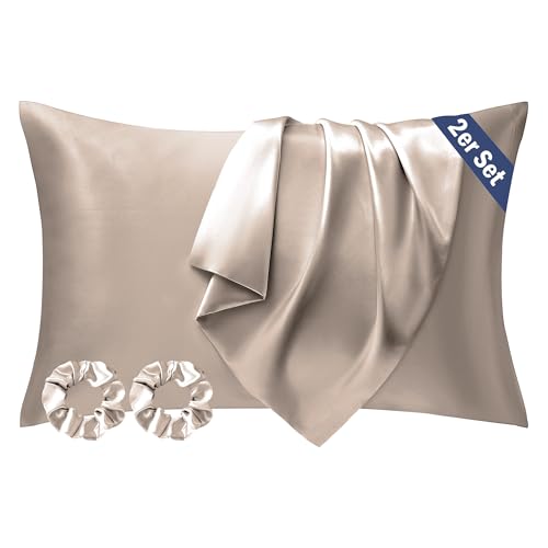 Seiwohl Satin Kissenbezug 50x80, 2er Set Satin Kopfkissenbezug Pillowcase Kissen Bezug Kissenhülle für Haar und Haut, ähnlich wie Seide, Taupe, mit 2 Haargummis von Seiwohl