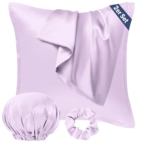 Seiwohl Satin Kissenbezug 80x80, 2er Set Satin Kopfkissenbezug Pillowcase Kissen Bezug Kissenhülle für Haar und Haut, ähnlich wie Seide, Lavendel, mit Haargummi und Haarhaube von Seiwohl