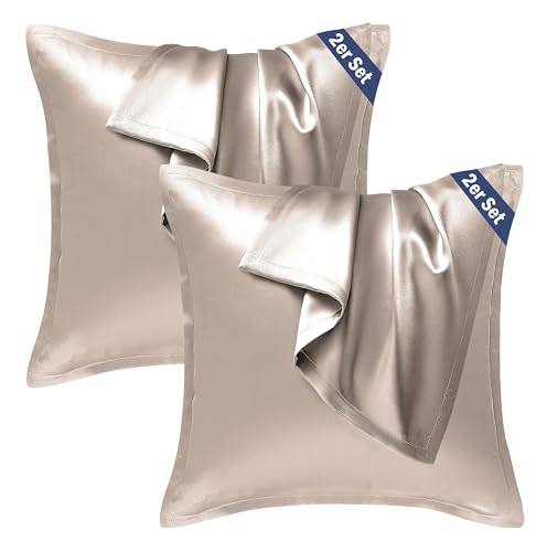 Seiwohl Satin Kissenbezug 80x80, 2er Set Satin Kopfkissenbezug Pillowcase Kissen Bezug Kissenhülle für Haar und Haut, ähnlich wie Seide, Taupe von Seiwohl